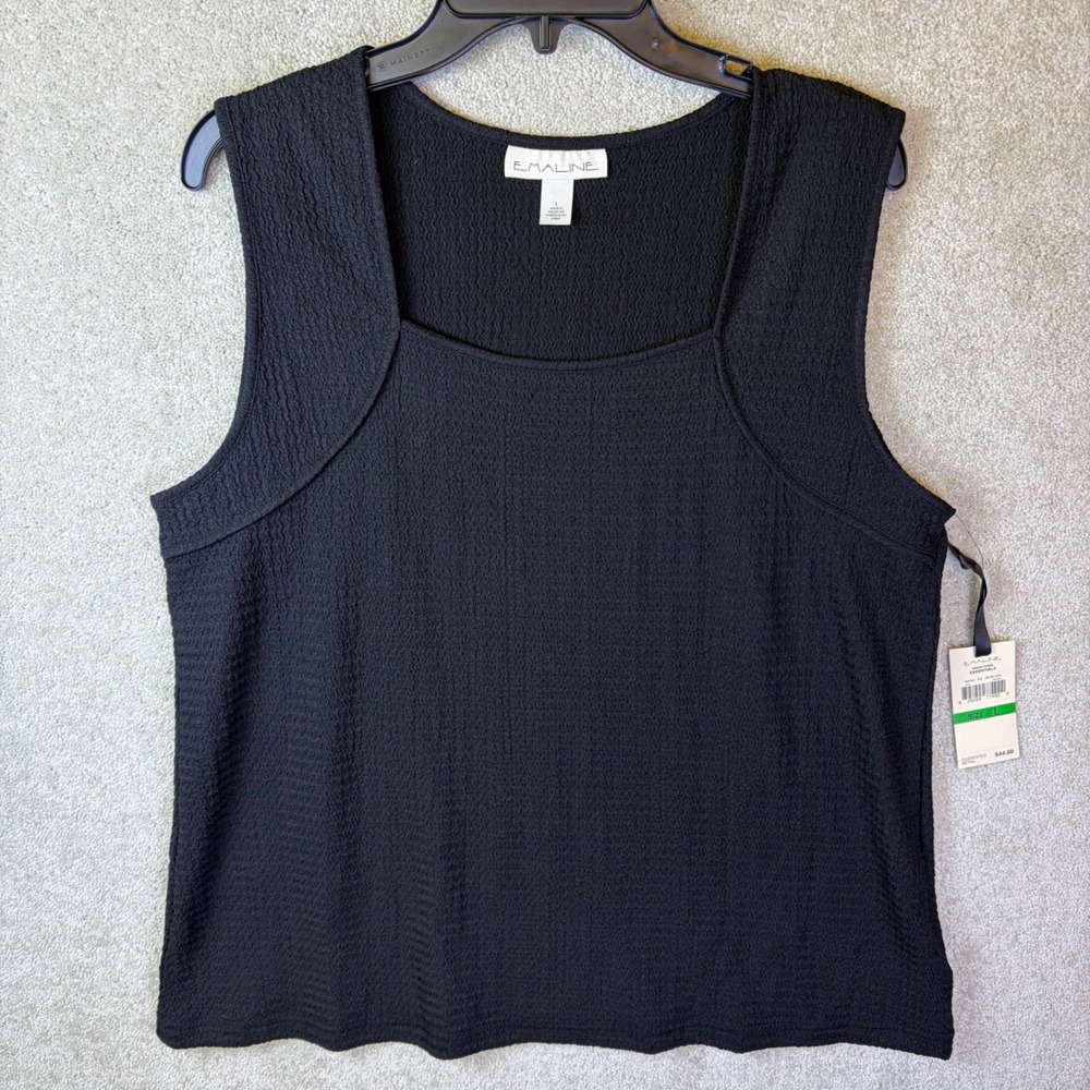 Emaline‎ Tank Top Women Large Black Textured Square Neck Sleeveless Blouse NEW